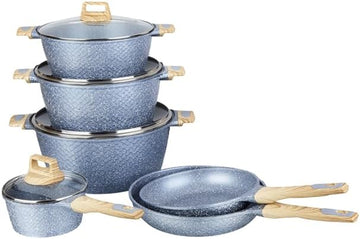 Batterie de cuisine 10 pièces gris manche effet bois, Tous feux dont Induction, Revêtement antiadhésif