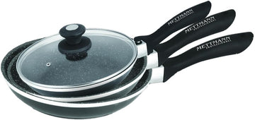Set Lot de 3 poêles noires 24/28 / 32 cm induction en revêtement anti adhésif avec 2 manches amovibles, Greblon C2 +