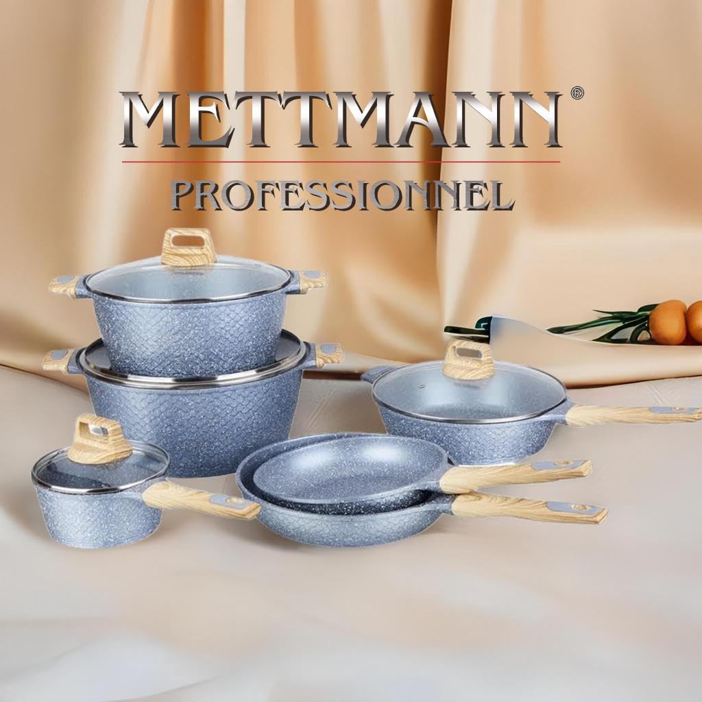 Batterie de cuisine 10 pièces gris manche effet bois, Tous feux dont Induction, Revêtement antiadhésif