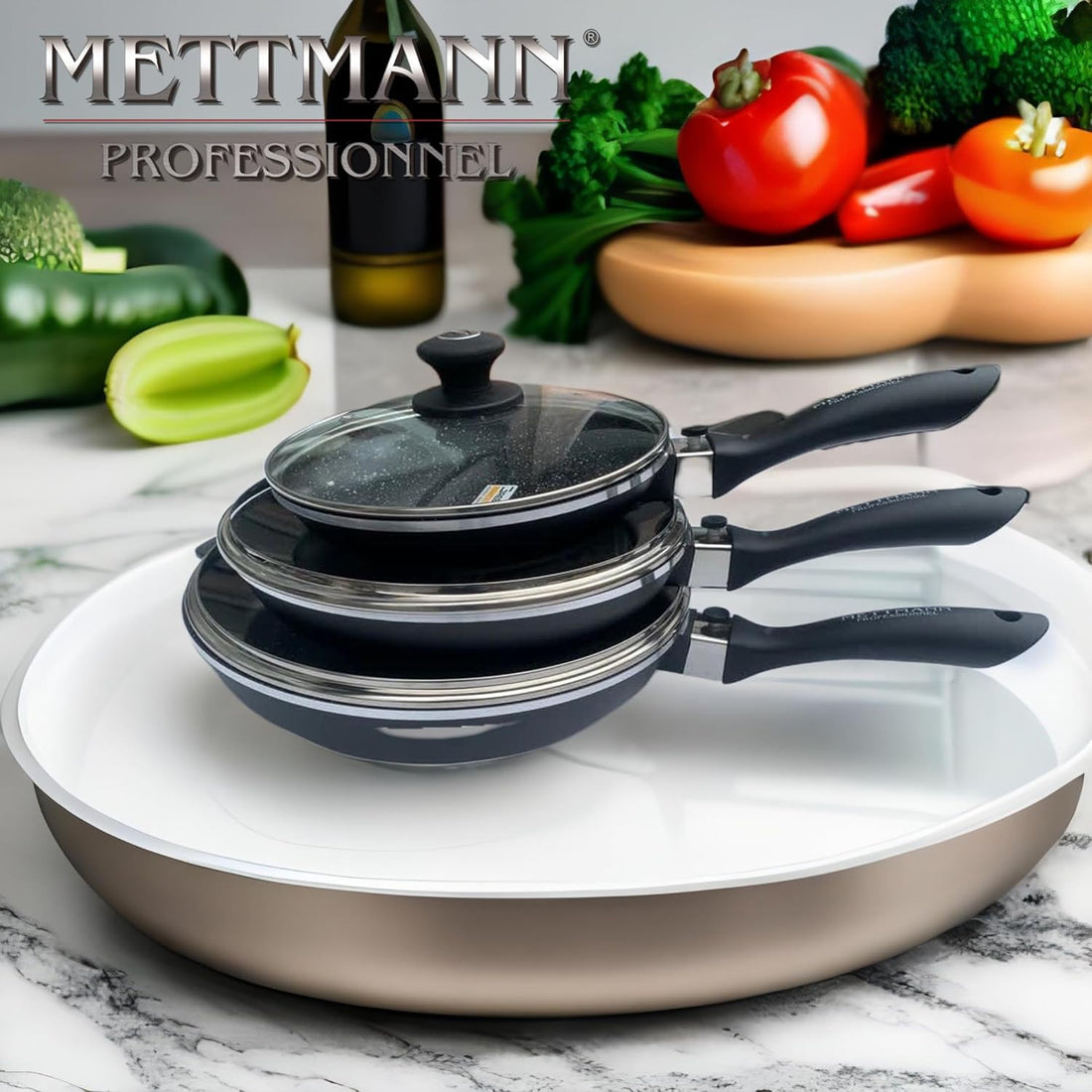 Set Lot de 3 poêles noires 24/28 / 32 cm induction en revêtement anti adhésif avec 2 manches amovibles, Greblon C2 +