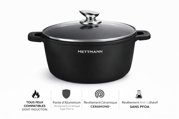 Marmite Faitout 44cm - Fonte d'Aluminium - Revêtement Céramique Type Pierre - Couvercle en Verre - Tous Feux dont Induction - Sans PFOA