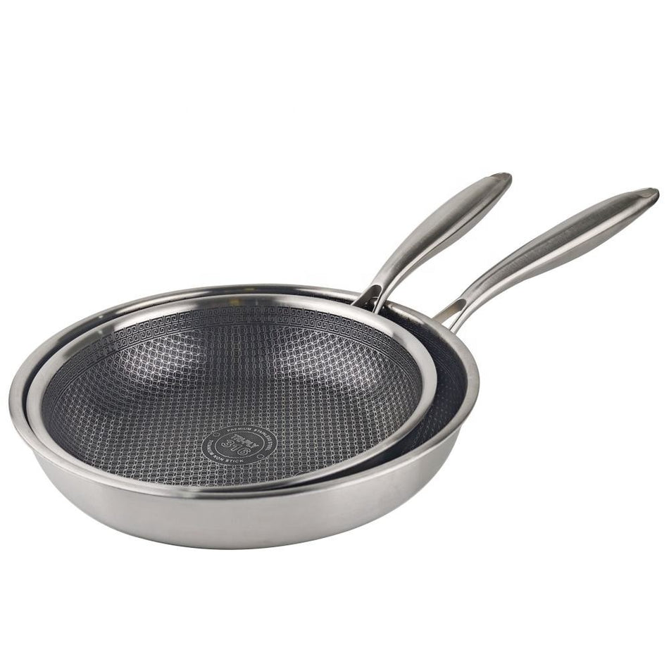 Lot de poêles 24 et 28 cm – Sans PFAS avec revêtement anti-adhésif hybride aspect nid d'abeille – Acier inoxydable avec noyau en aluminium – Convient pour l'induction et le four