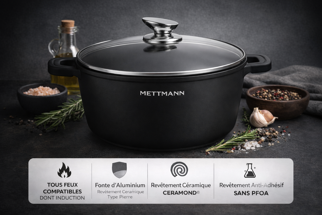 Marmite Faitout 32cm - Fonte d'Aluminium - Revêtement Céramique Type Pierre - Couvercle en Verre - Tous Feux dont Induction - Sans PFOA