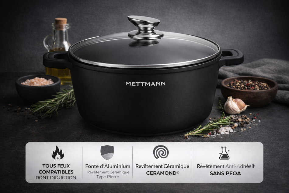 Marmite Faitout 32cm - Fonte d'Aluminium - Revêtement Céramique Type Pierre - Couvercle en Verre - Tous Feux dont Induction - Sans PFOA