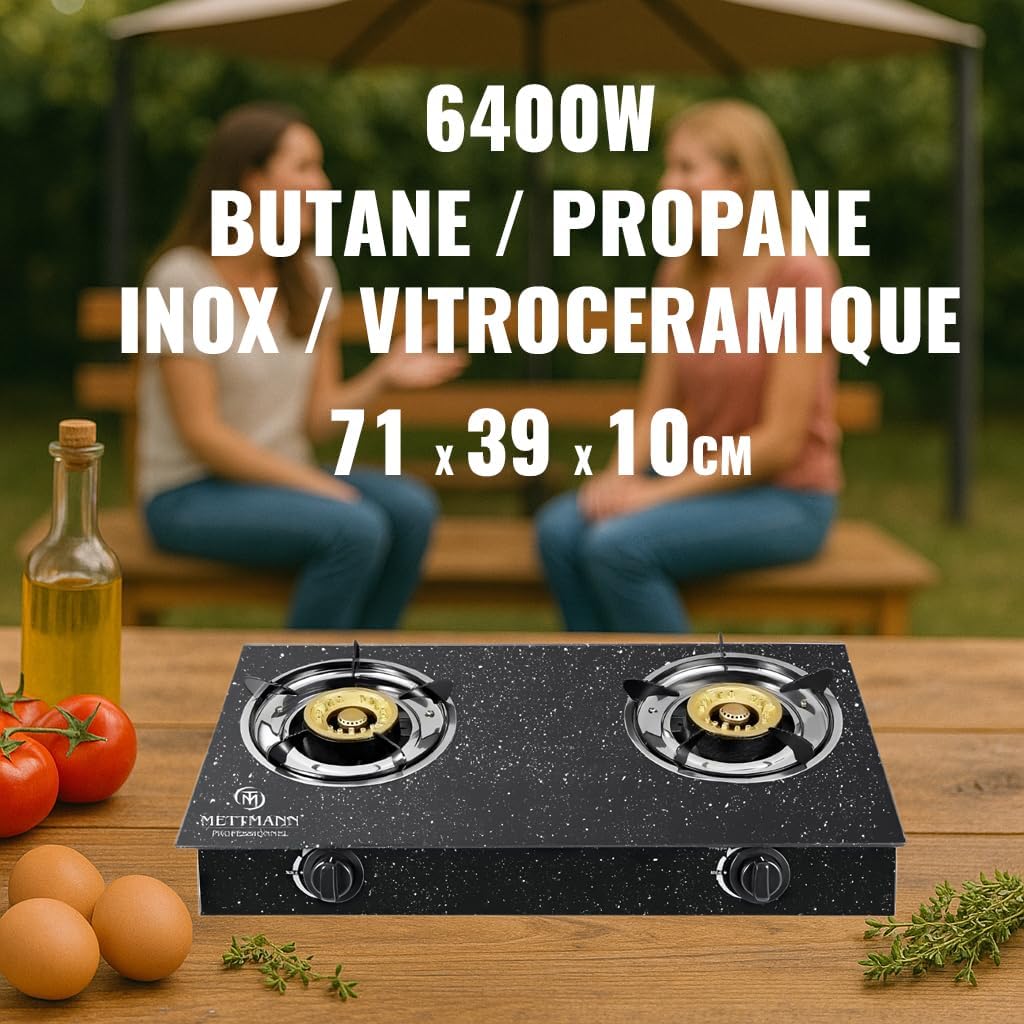 Réchaud Gaz Double 2 Brûleurs 3.2/3.2 kW, Allumage Piézo, Vitroceramique Noir Moucheté Facile à Nettoyer. Portable, Autoportant, Idéal Intérieur, Extérieur, Caravane, Camping. Puissance totale 6.4kW