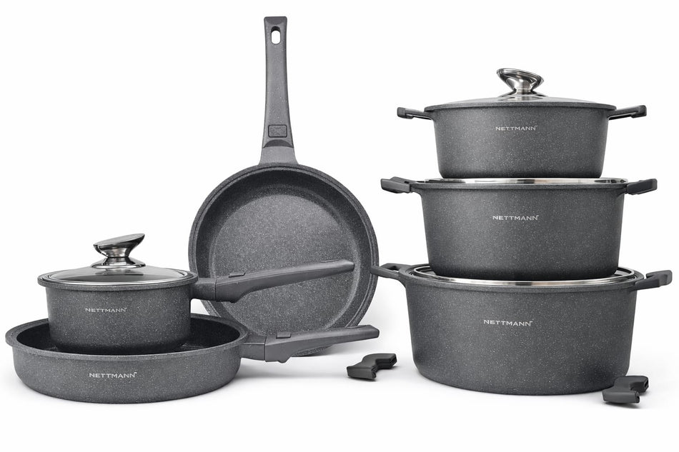 Batterie de Cuisine Induction – Poêles, Marmites & Casseroles en Fonte d’Aluminium – Manches Amovibles – Revêtement Céramique Antiadhésif Sans PFOA/PFAS – Couvercles Verre Tous Feux Gris