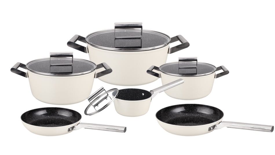 Batterie de Cuisine Induction 10 Pièces Beige Poêles, Marmites & Casserole en Fonte d’Aluminium – Manches Design – Revêtement Céramique Antiadhésif Sans PFOA/PFAS Tous Feux &Couvercles Verre