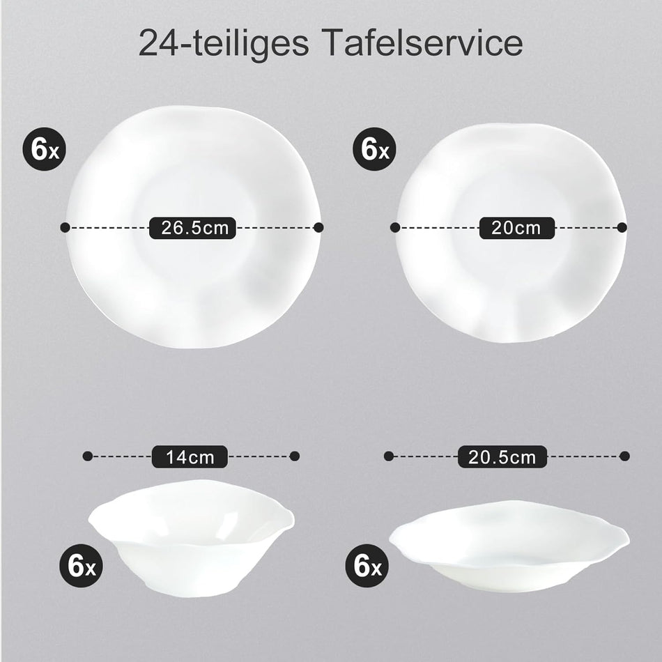 Service de Vaisselle 24 Pièces en Porcelaine LB Lichtenberg | 6 Personnes | Vague