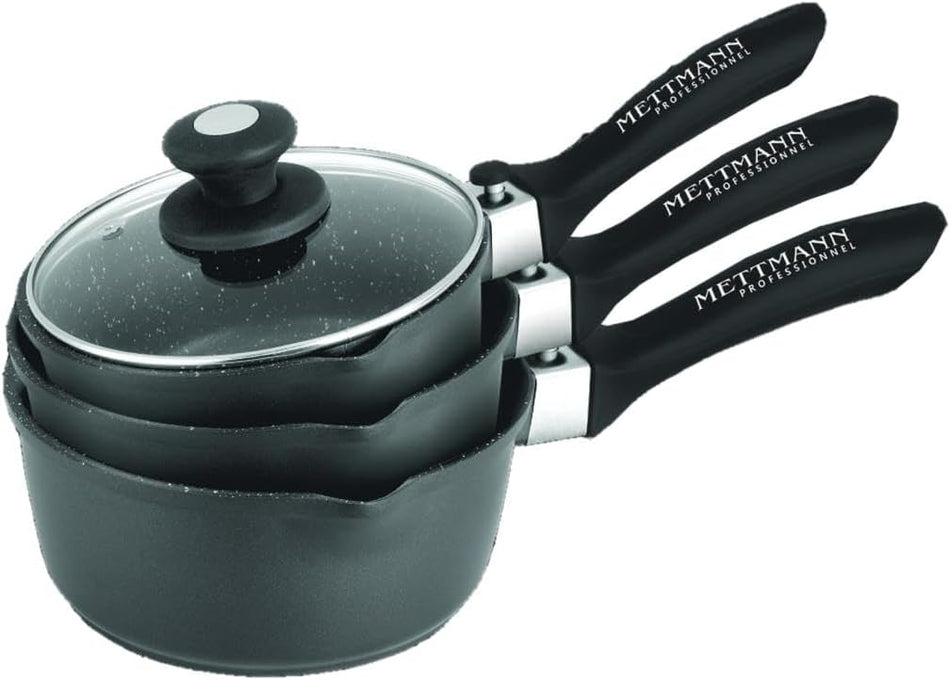 Set de 3 casseroles avec 3 manches amovibles 16/18/20 cm 3 couvercles en revêtement anti-adhésif Greblon C2+ - Induction