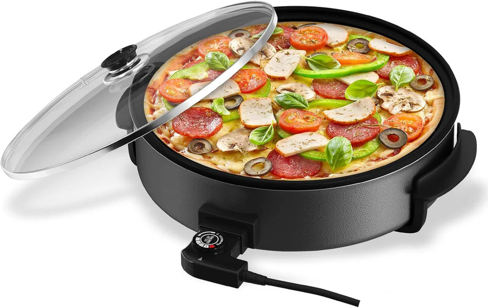 Poêle Électrique à Pizza & Multifonction 8 Litres – Revêtement Antiadhésif, 5 Températures Réglables avec Couvercle