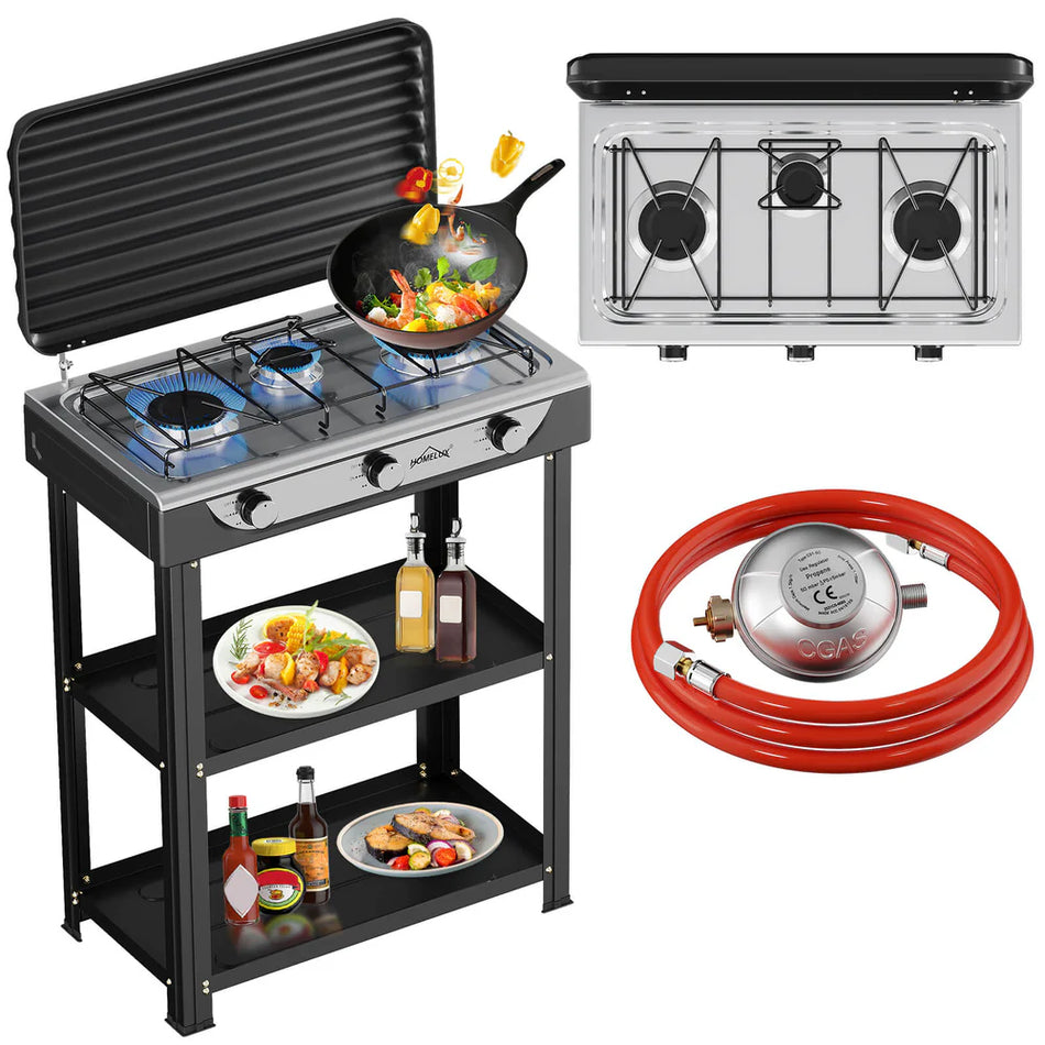 Cuisinière de Camping Portable à Gaz – 3 Brûleurs (5,4 kW), Kit Tuyau & Détendeur 50 mbar Inclus