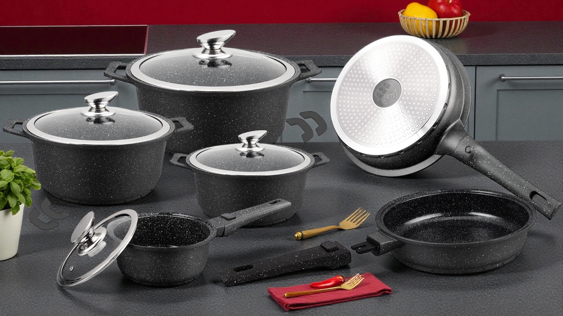 Batterie de Cuisine Induction 13 Pièces – Poêles, Marmites & Casseroles en Fonte d’Aluminium – Manches Amovibles – Revêtement Céramique Antiadhésif Sans PFOA/PFAS – Couvercles Verre Tous Feux