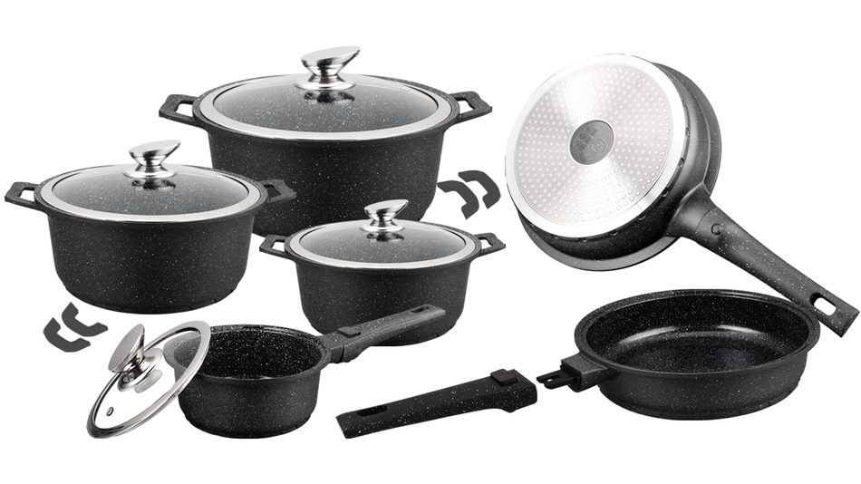 Batterie de Cuisine Induction – Poêles, Marmites & Casseroles en Fonte d’Aluminium – Manches Amovibles – Revêtement Céramique Antiadhésif Sans PFOA/PFAS – Couvercles Verre Tous Feux Noir