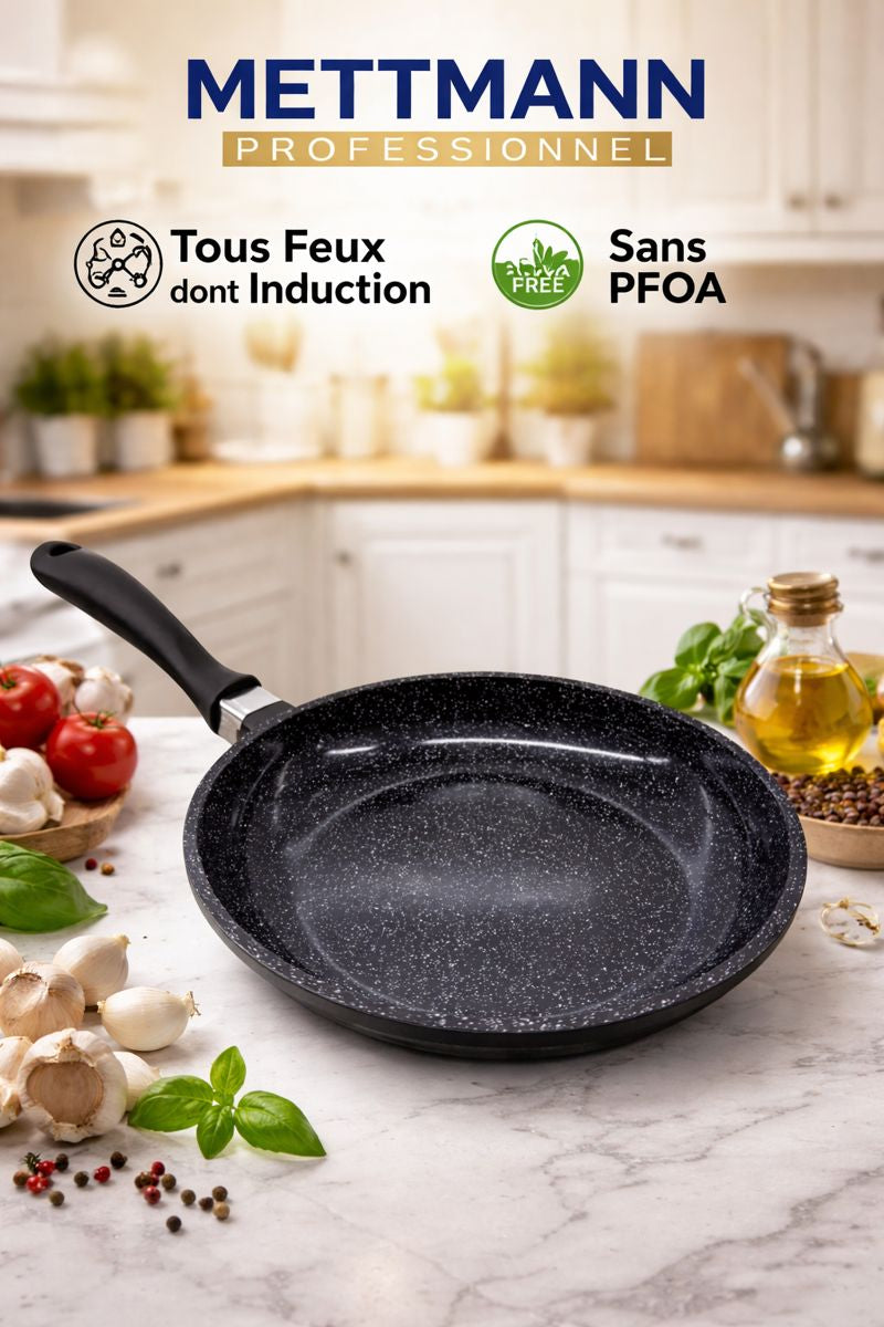 Poêle 20 cm - Manche Fixe - Fonte d'Aluminium - Revêtement Céramique Type Pierre - Tous Feux dont Induction - Sans PFOA