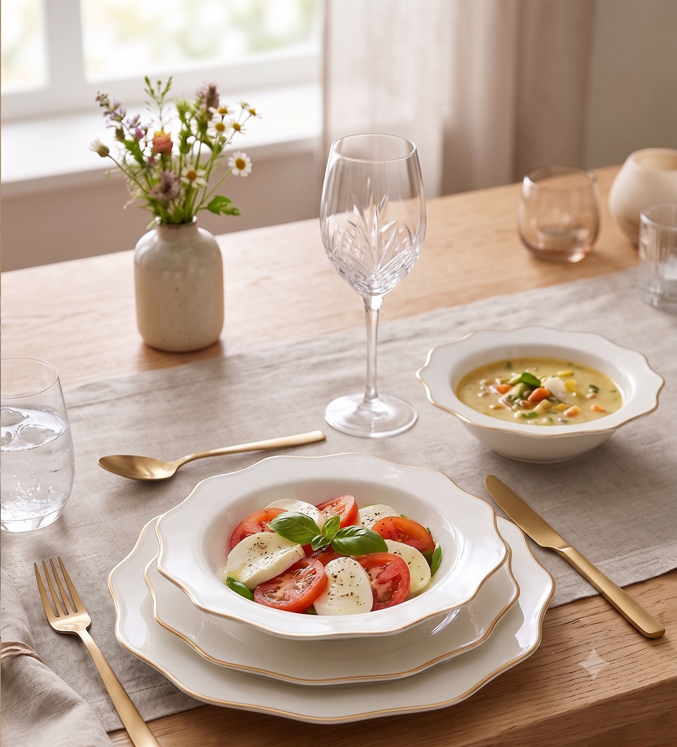 Service de Vaisselle 24 Pièces en Porcelaine LB Lichtenberg | 6 Personnes | Pique Doré