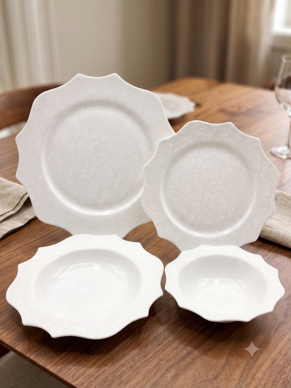 Service de Vaisselle 24 Pièces en Porcelaine LB Lichtenberg | 6 Personnes | Pique Broderie