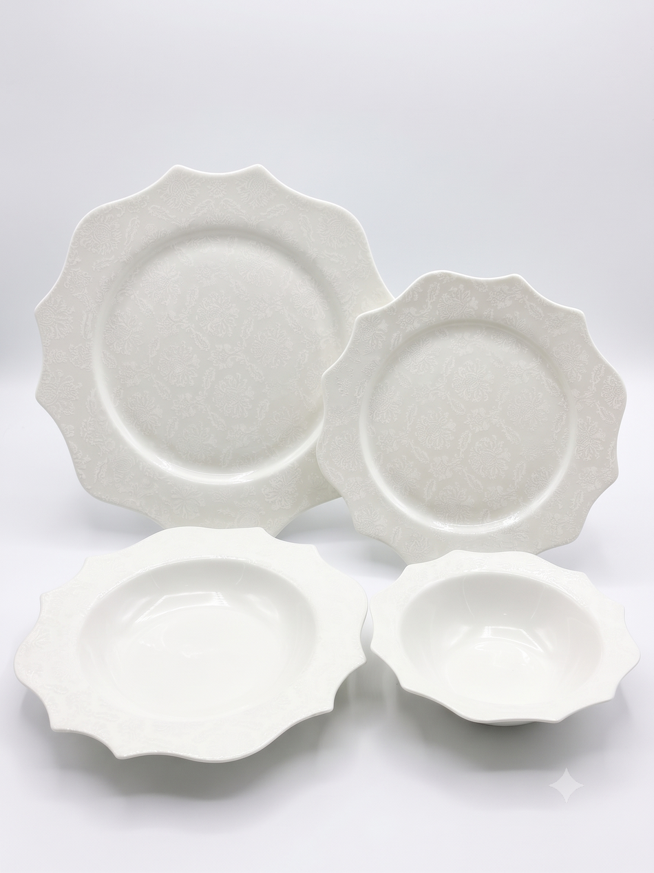 Service de Vaisselle 24 Pièces en Porcelaine LB Lichtenberg | 6 Personnes | Pique Broderie