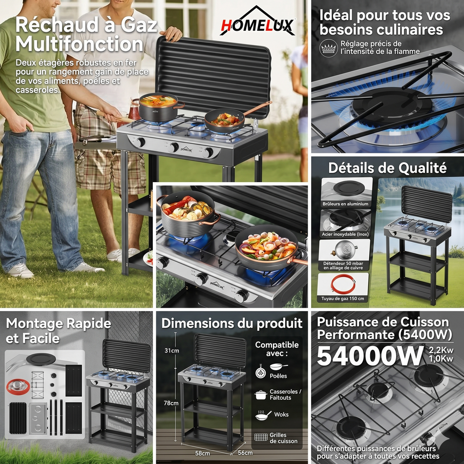 Cuisinière de Camping Portable à Gaz – 3 Brûleurs (5,4 kW), Kit Tuyau & Détendeur 50 mbar Inclus