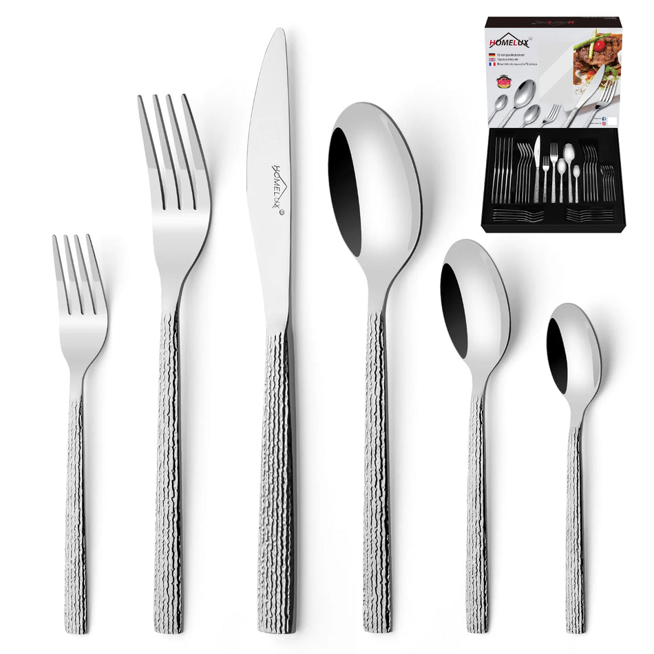 Set de Couverts de Luxe Inox (72 Pièces / 12 Personnes) – Effet Martelé & Polissage Brillant