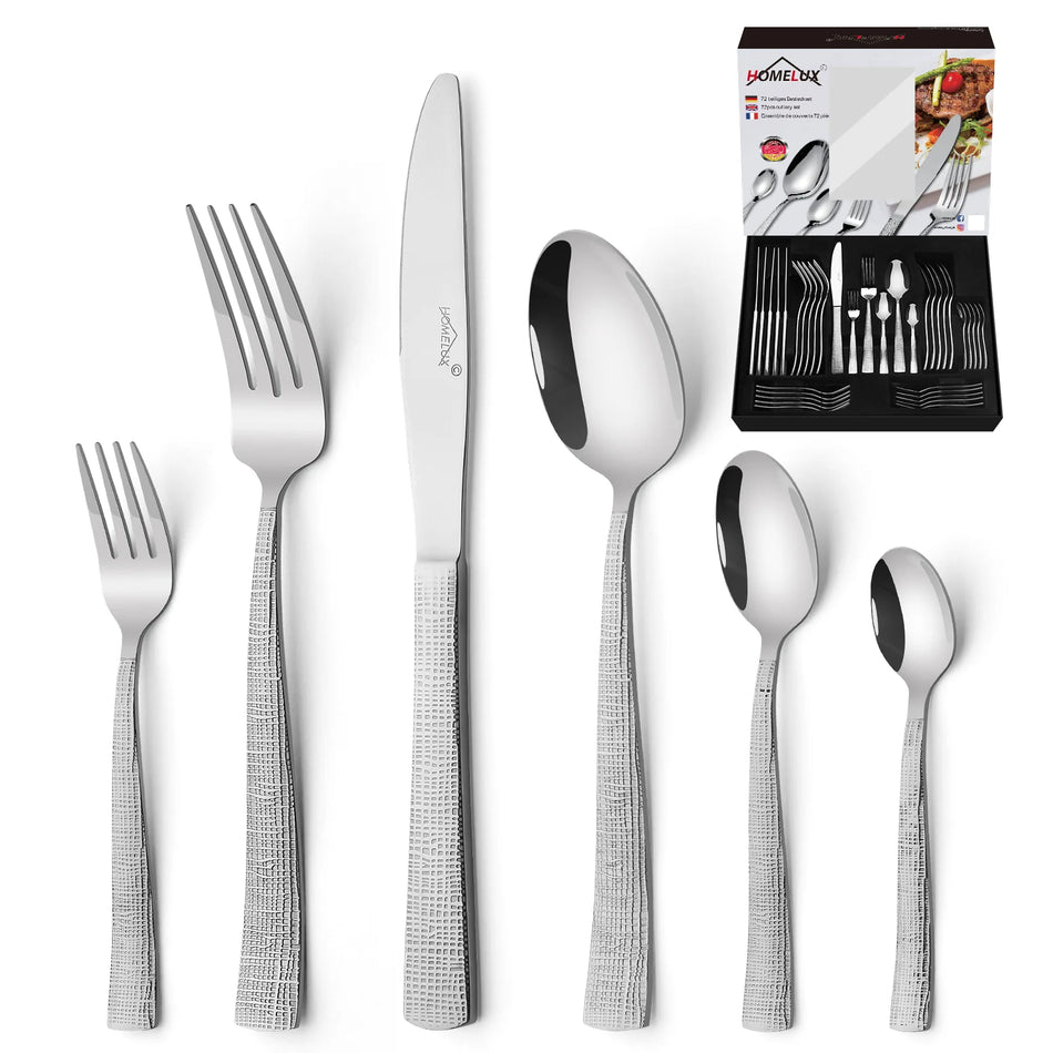 Set de Couverts de Luxe Inox (72 Pièces / 12 Personnes) – Effet Martelé & Polissage Brillant