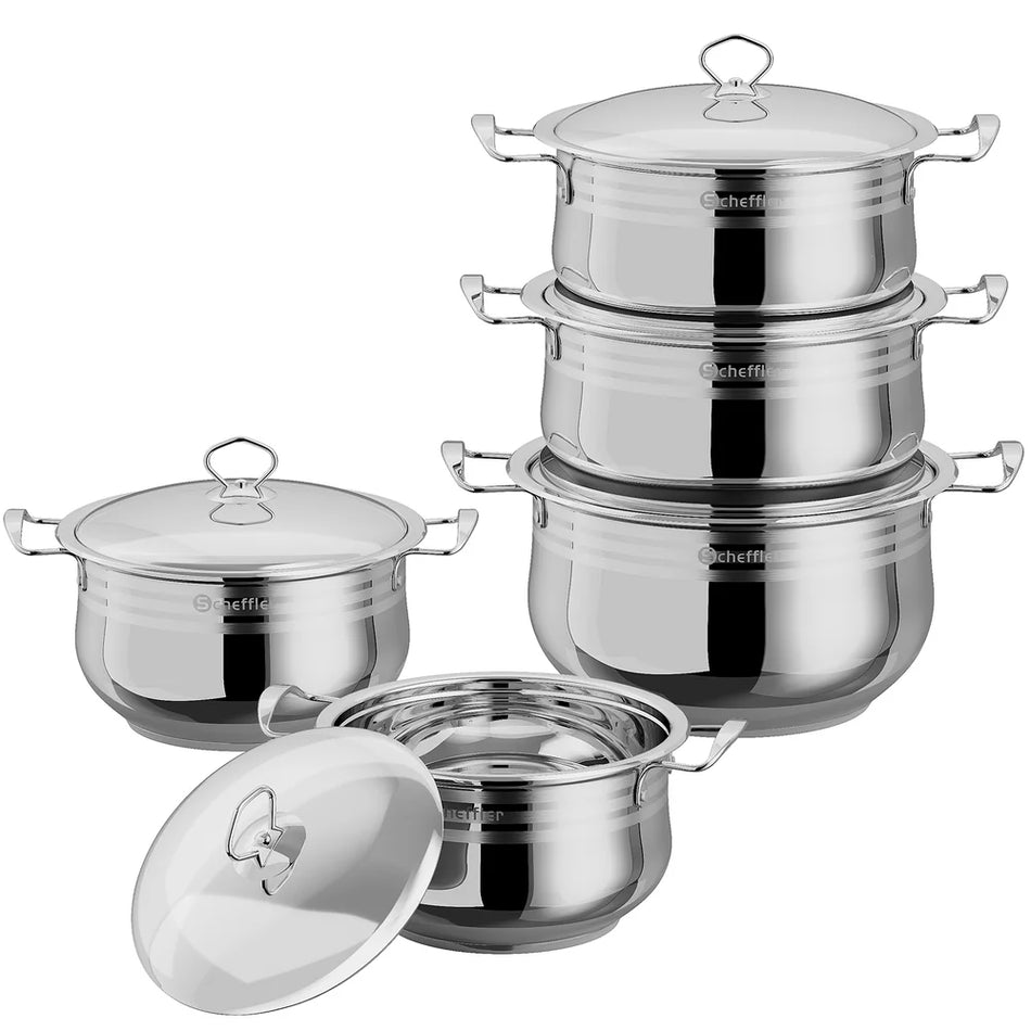 Batterie de cuisine Inox Premium 10 Pièces – Tous Feux SAUF Induction avec Couvercles