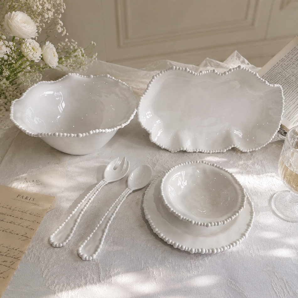 Service de Table Complet 22 Pièces en Mélamine Haute Qualité - Collection "Italian Chic" Blanc Neige