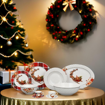 🎄 Service de Vaisselle de Noël – 38 Pièces en Porcelaine Premium, Motif Père Noël Carreaux Pois🎅