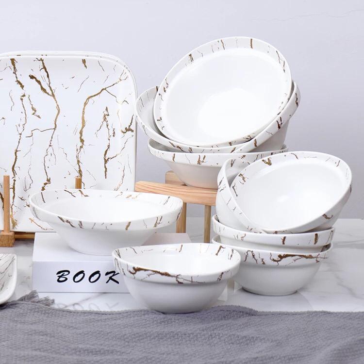 Service de table en porcelaine 25 pièces effet marbre blanc et doré