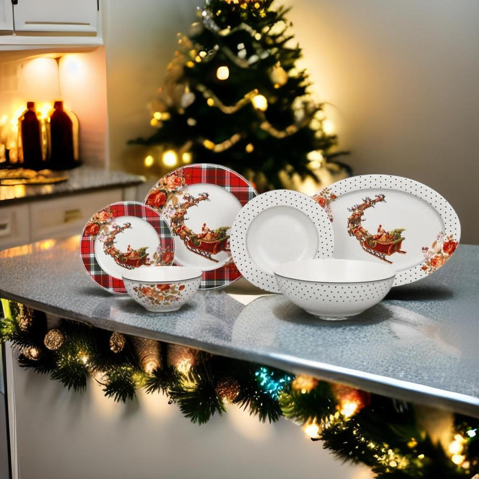 🎄 Service de Vaisselle de Noël – 38 Pièces en Porcelaine Premium, Motif Père Noël Carreaux Pois🎅