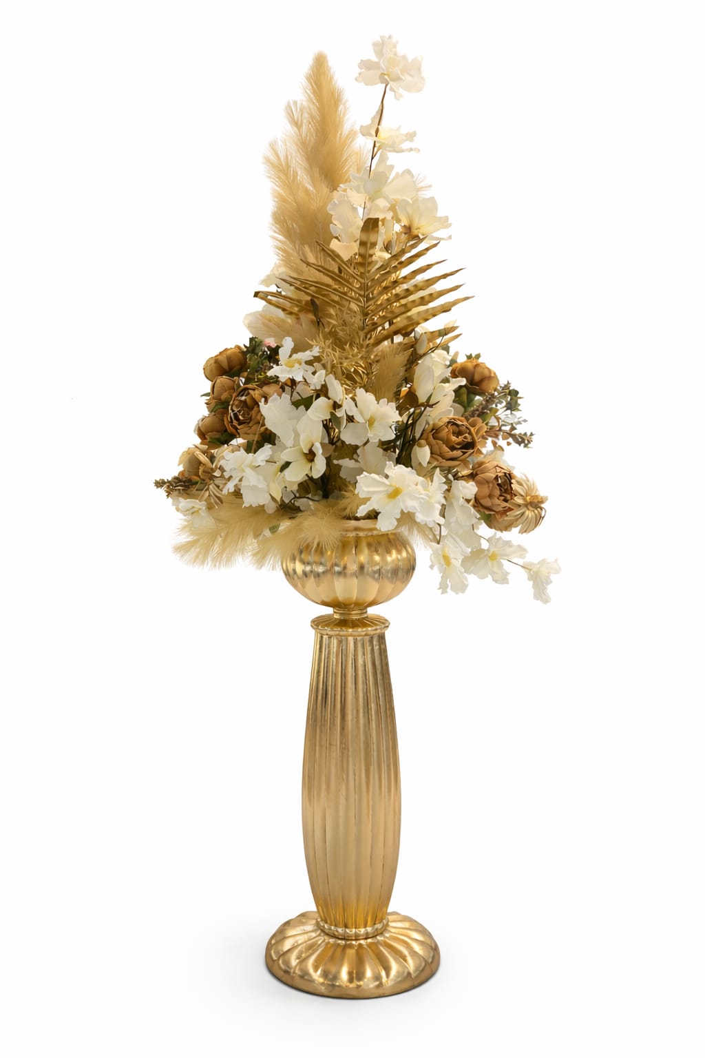 Composition Florale Décorative de Luxe sur Colonne Dorée