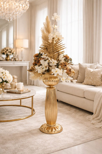Composition Florale Décorative de Luxe sur Colonne Dorée