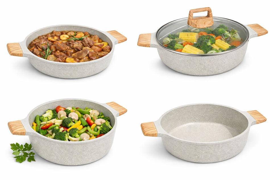 Sautoir 28 cm Antiadhésif – Compatible Induction – Revêtement Effet Pierre – Poignées Effet Bois&nbsp;