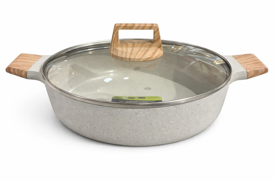 Sautoir 28 cm Antiadhésif – Compatible Induction – Revêtement Effet Pierre – Poignées Effet Bois&nbsp;