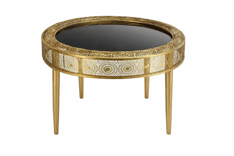 Table basse élégante en style oriental — métal doré et plateau en verre
