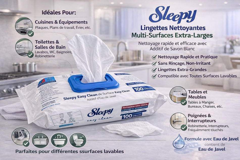 Lot de 6 paquets de 100 lingettes de nettoyage Sleepy Easy Clean Additif d'Eau de javel