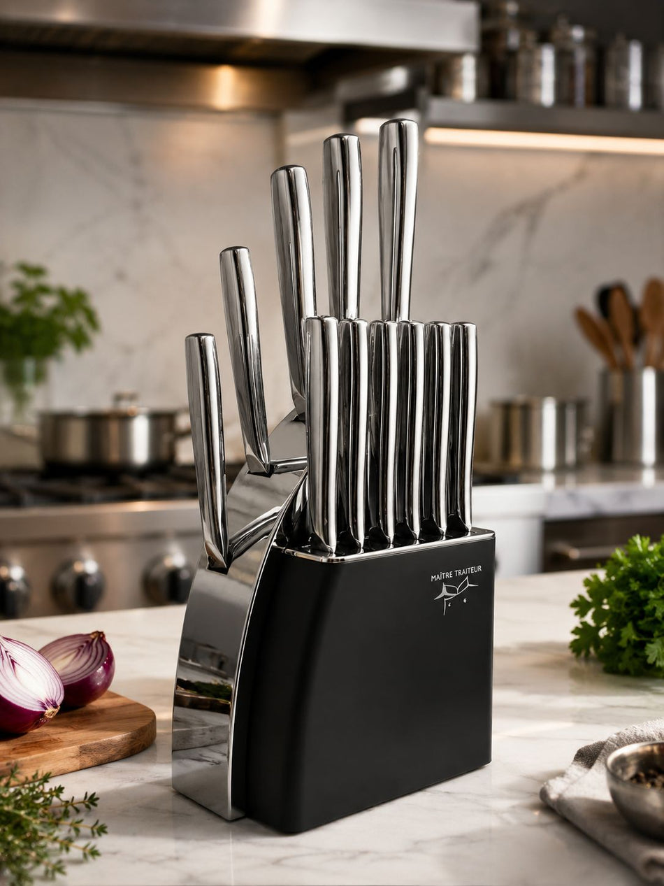 MAÎTRE TRAITEUR – Set de Couteaux 12 Pièces en Acier Inoxydable avec Bloc Support Design