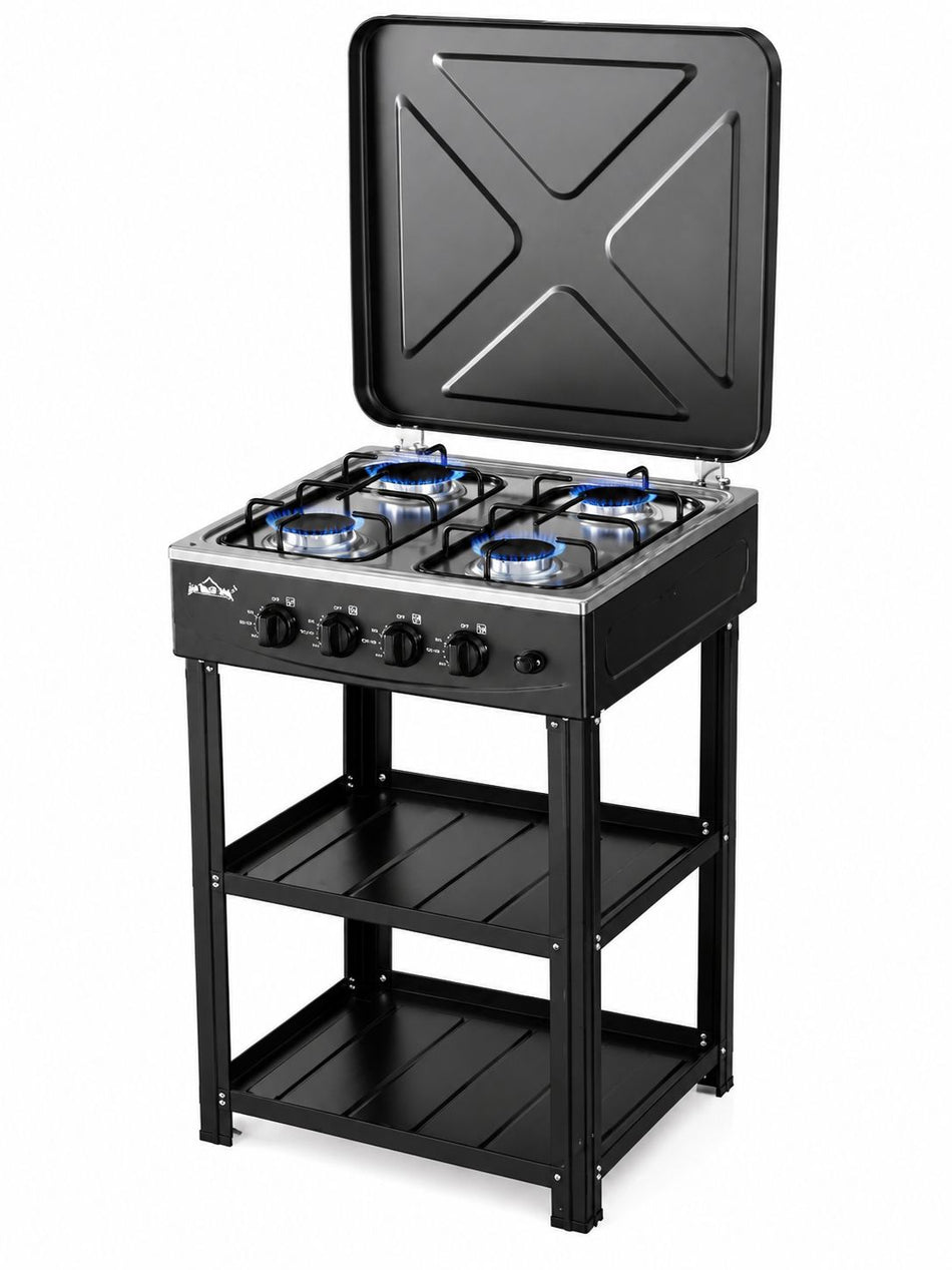 Cuisinière de Camping Portable 4 Brûleurs (6,2 kW) avec Tablettes – Kit Tuyau & Détendeur Inclus