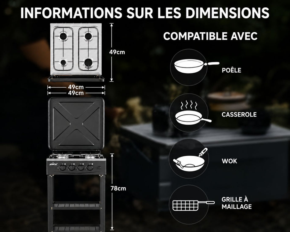 Cuisinière de Camping Portable 4 Brûleurs (6,2 kW) avec Tablettes – Kit Tuyau & Détendeur Inclus