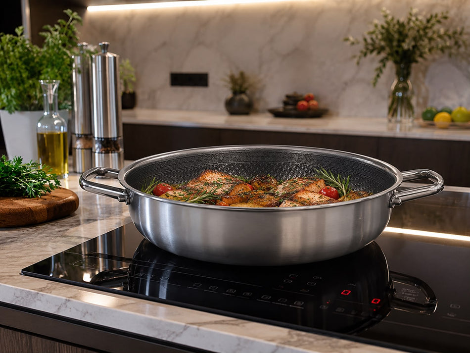 Sautoir 28 en acier inoxydable Compatible Induction – Anti-adhésif Sans PFOA – Passe au Four et Lave-vaisselle