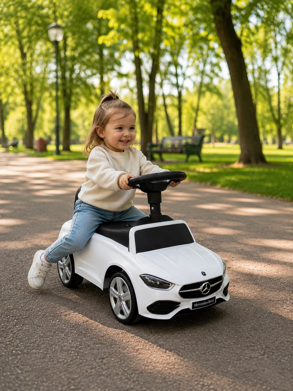 Porteur enfants voiture, véhicule à pousser blanc avec coffre à jouets, klaxon