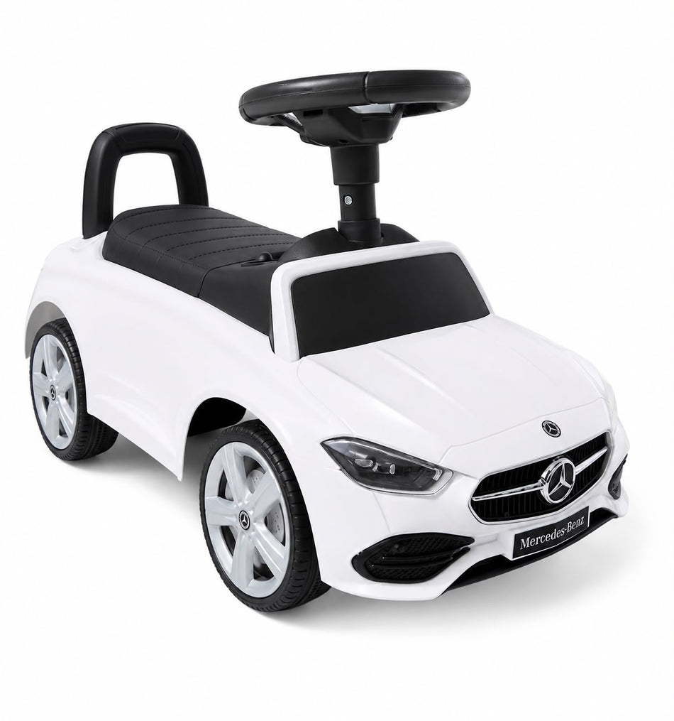 Porteur enfants voiture, véhicule à pousser blanc avec coffre à jouets, klaxon