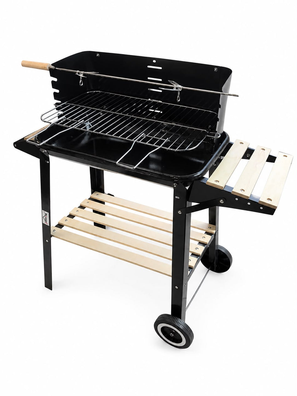 Barbecue à Charbon Rectangulaire avec Broche Rotative et Étagères en Bois – 82 x 44 x 85,5 cm