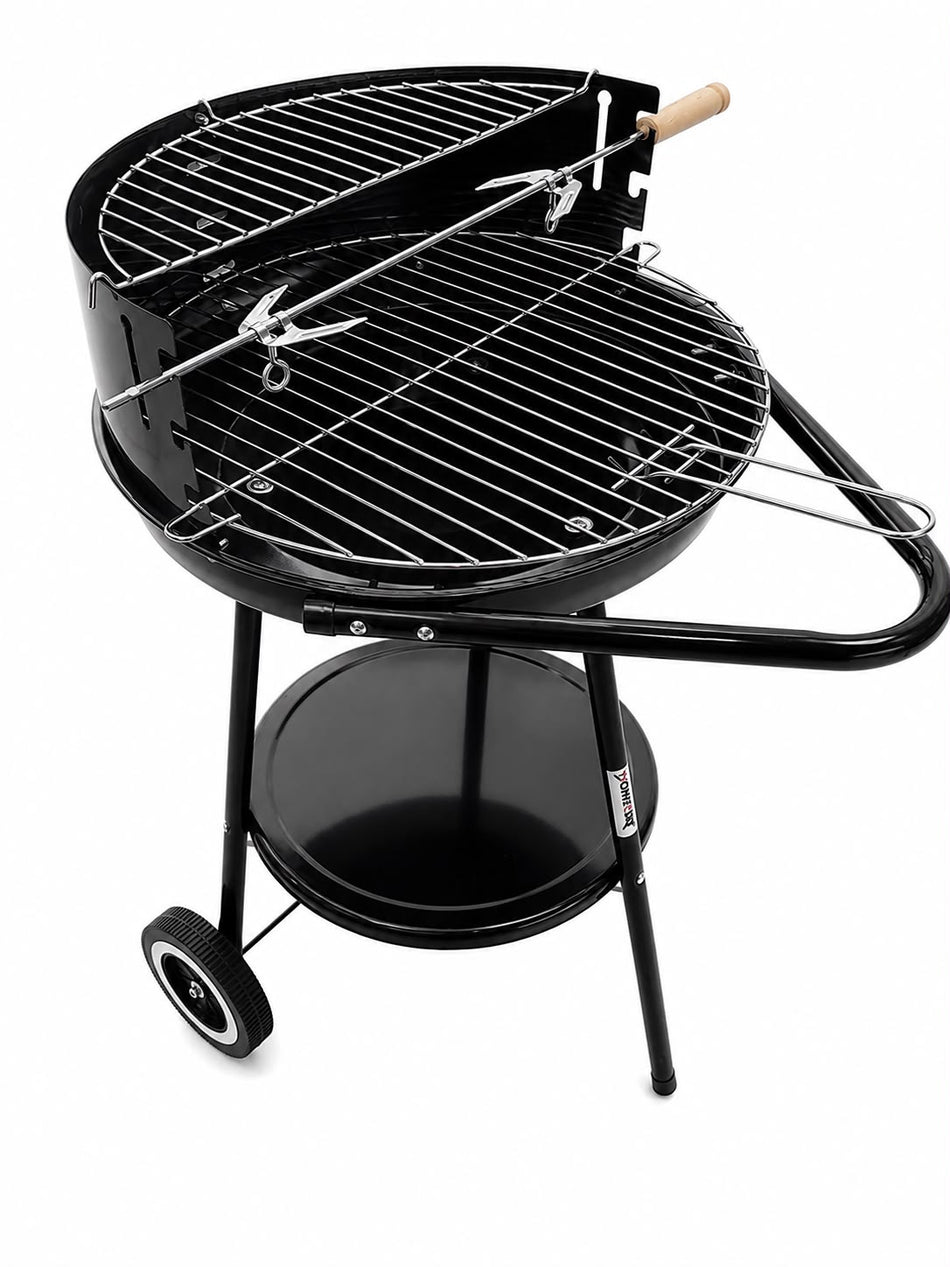 Barbecue au charbon rond Ø 41 cm avec pare-vent, double grille et broche rotative – Barbecue portable pour jardin, terrasse, balcon, camping et pique-nique