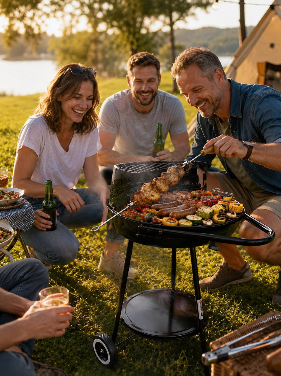 Barbecue au charbon rond Ø 41 cm avec pare-vent, double grille et broche rotative – Barbecue portable pour jardin, terrasse, balcon, camping et pique-nique