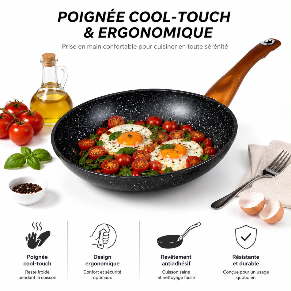 Batterie de cuisine antiadhésive avec couvercles en verre – Set complet de marmites et poêles à frire compatible induction – Revêtement antiadhésif durable – Poignées ergonomiques – Coloris doré