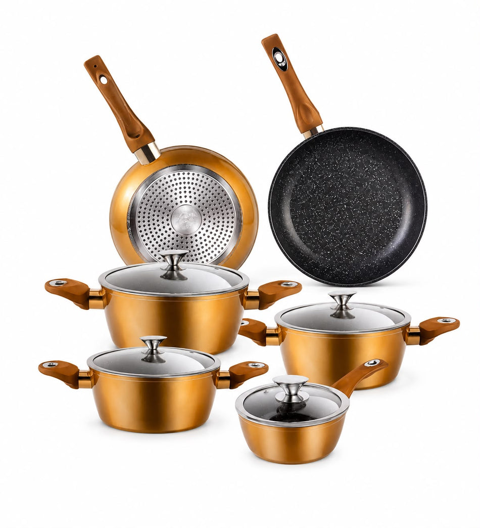 Batterie de cuisine antiadhésive avec couvercles en verre – Set complet de marmites et poêles à frire compatible induction – Revêtement antiadhésif durable – Poignées ergonomiques – Coloris doré