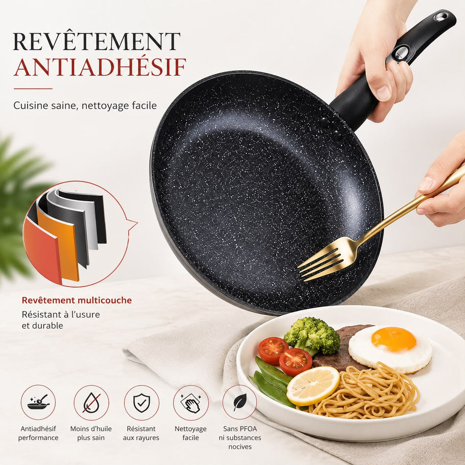 Batterie de cuisine antiadhésive avec couvercles en verre – Set complet de marmites et poêles à frire compatible induction – Revêtement antiadhésif durable – Poignées ergonomiques – Coloris GRIS
