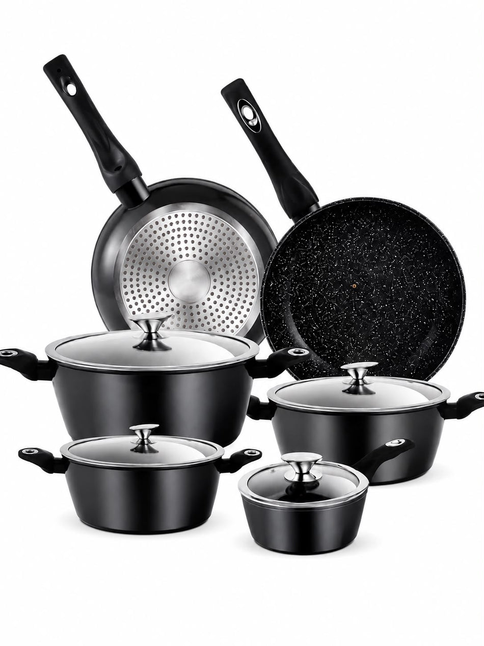 Batterie de cuisine antiadhésive avec couvercles en verre – Set complet de marmites et poêles à frire compatible induction – Revêtement antiadhésif durable – Poignées ergonomiques – Coloris GRIS