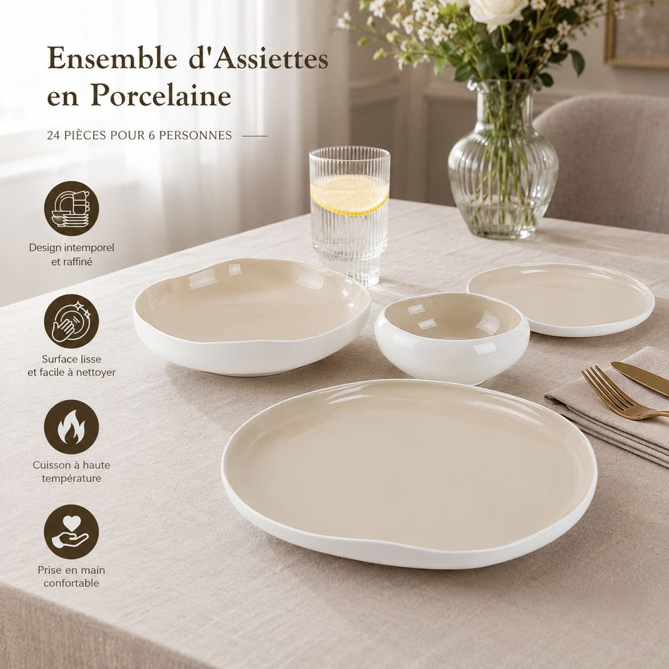 Service de Vaisselle 24 Pièces en Porcelaine LB Lichtenberg | 6 Personnes | Asy Blanc Beige