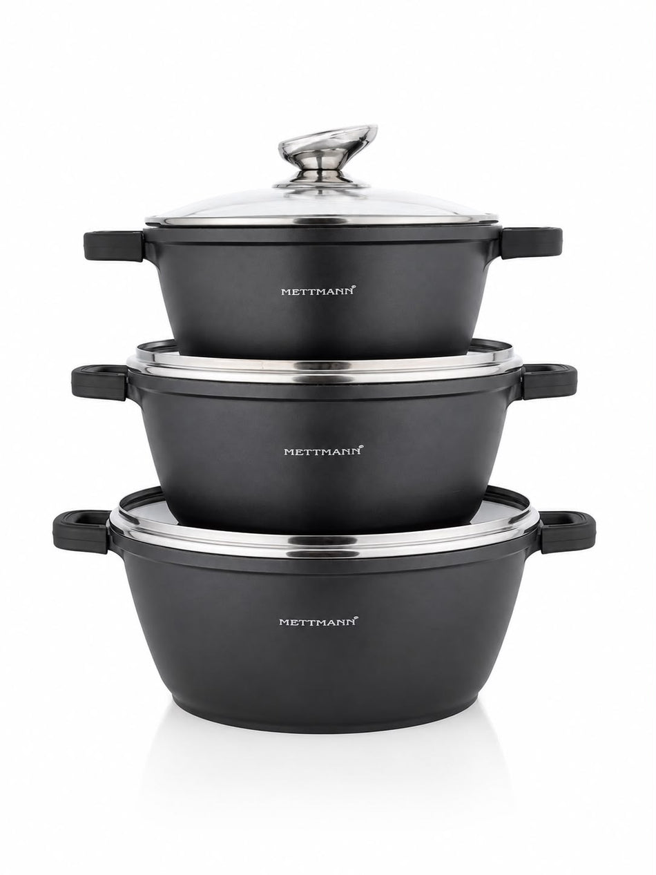 Mettmann - Set 3 Faitouts 20/24 / 28 cm - Fonte d'Aluminium - Revêtement Type Pierre - Couvercles en Verre - Tous Feux dont Induction - Sans PFOA Noir